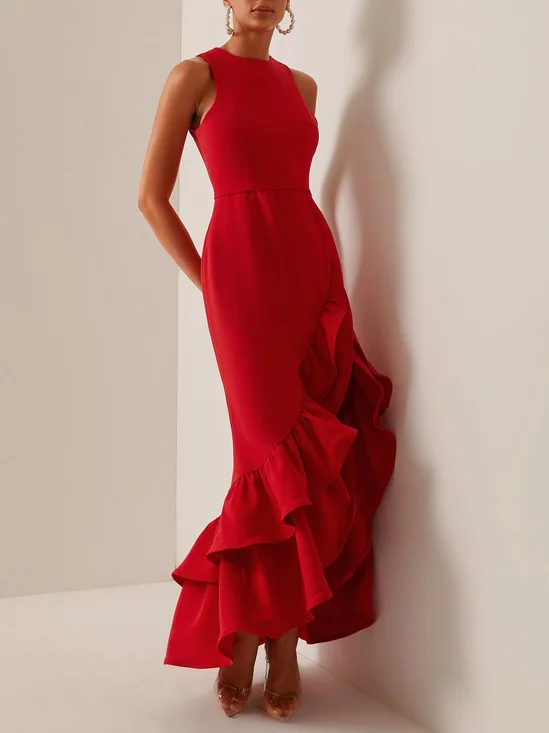 Red Ruffled Sleeveless Slit A-Line Gown