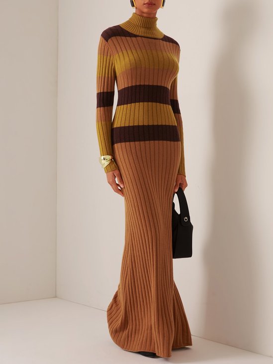 Wool Brown Color Block High neck Long Sleeve A-Line Maxi Sweater Dress