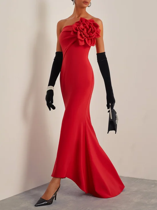 Red 3D Floral Strapless Mermaid Gown