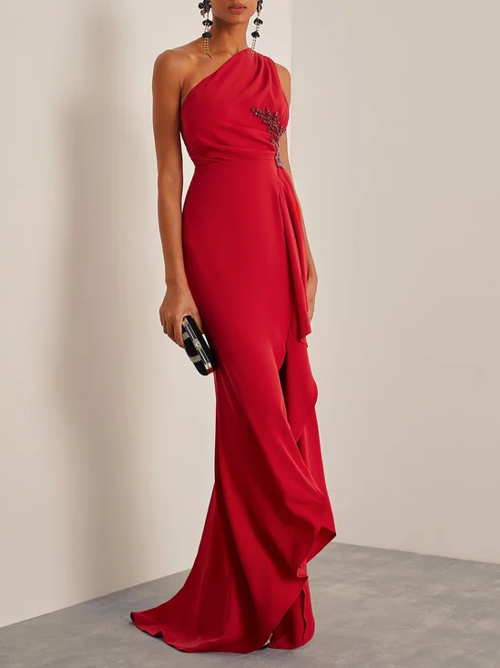 Red Beaded One Shoulder Sleeveless Slit Sheath Maxi Dress