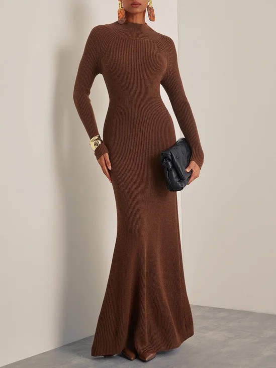 Wool Brown Crew Neck Long Sleeve Maxi Sweater Dress