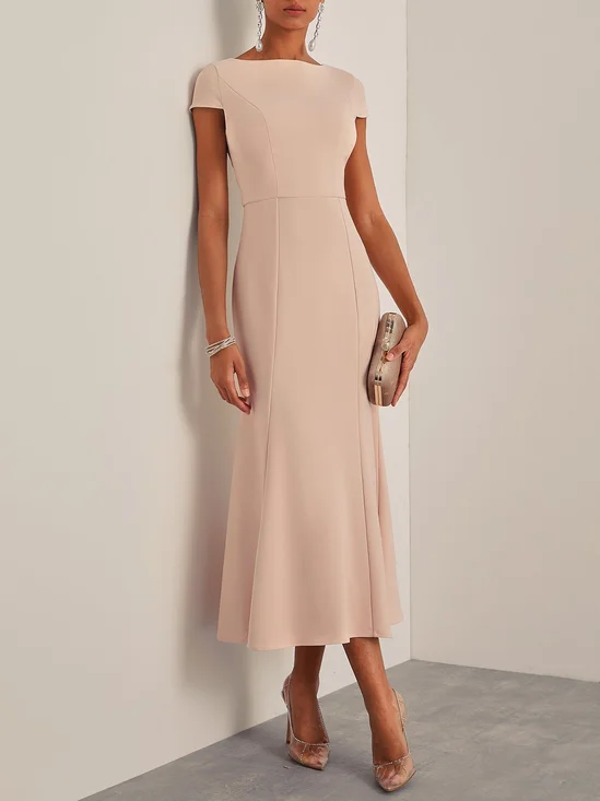 Light Pink Boat Neck Short Sleeve Mermaid Midi Dress