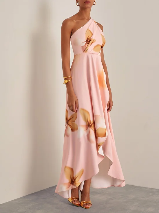 Orange Pink Floral One-Shoulder Slit A-Line Gown