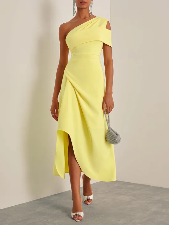 Yellow One Shoulder Asymmetrical A-Line Midi Dress