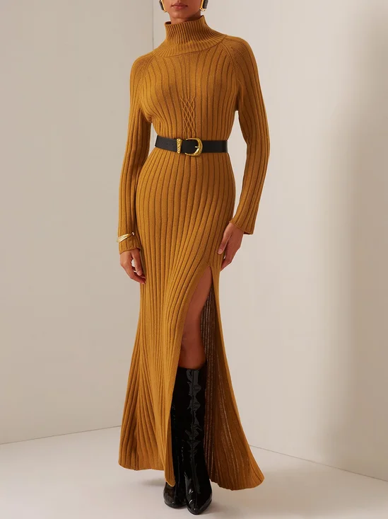 Brown High Neck A-Line Slit Maxi Wool Sweater Dress 