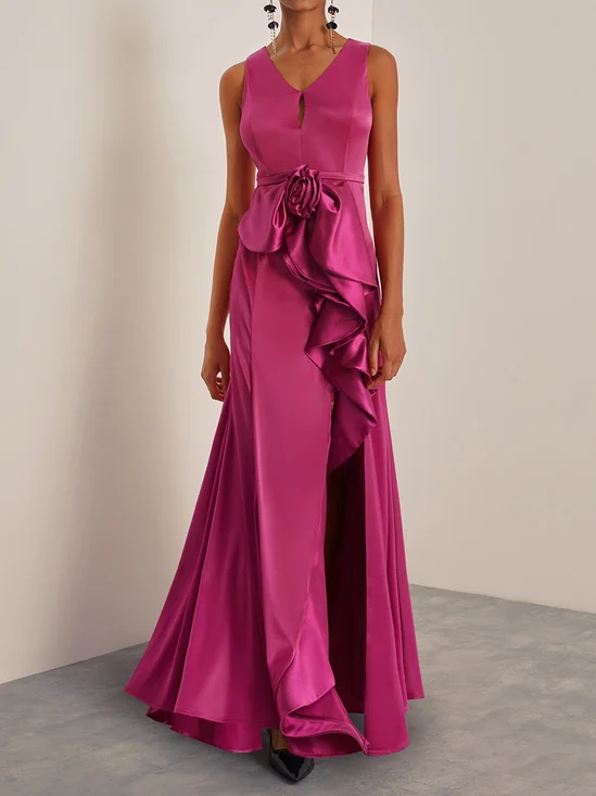 Rose Red 3D Floral V Neck Sleeveless Slit Satin A-Line Gown 