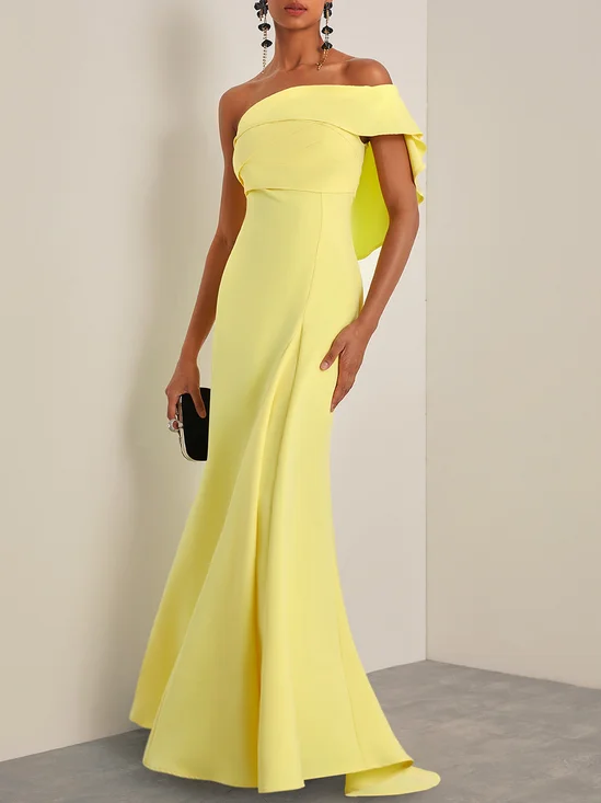 Yellow Ruched One Shoulder A-Line Gown