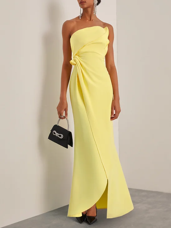 Yellow 3D Floral Ruched Strapless A-Line Gown