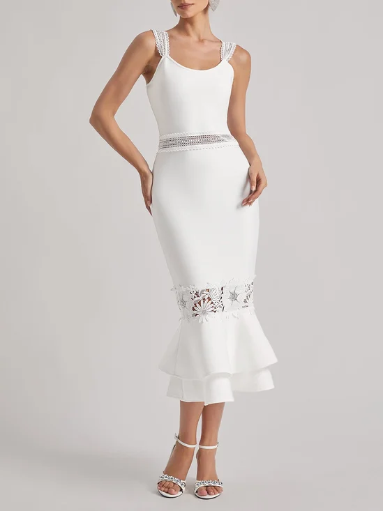 White Bandage Lace Spaghetti Bodycon Midi Dress