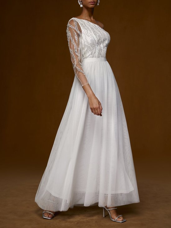 White Mesh Sequin One Shoulder Long Sleeve Chiffon A-Line Wedding Dress