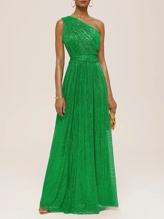 Green One Shoulder Sleeveless A-Line Maxi Dress