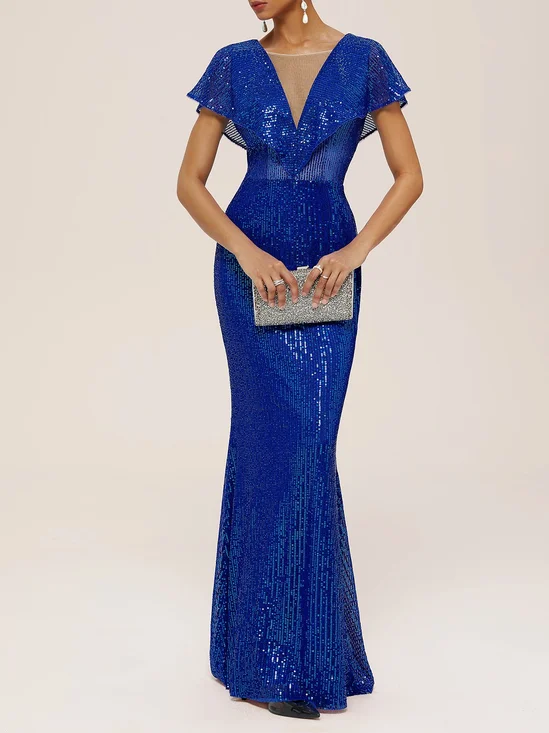 Blue Sequin V Neck Short Sleeve Glitter Sheath  Maxi Dress