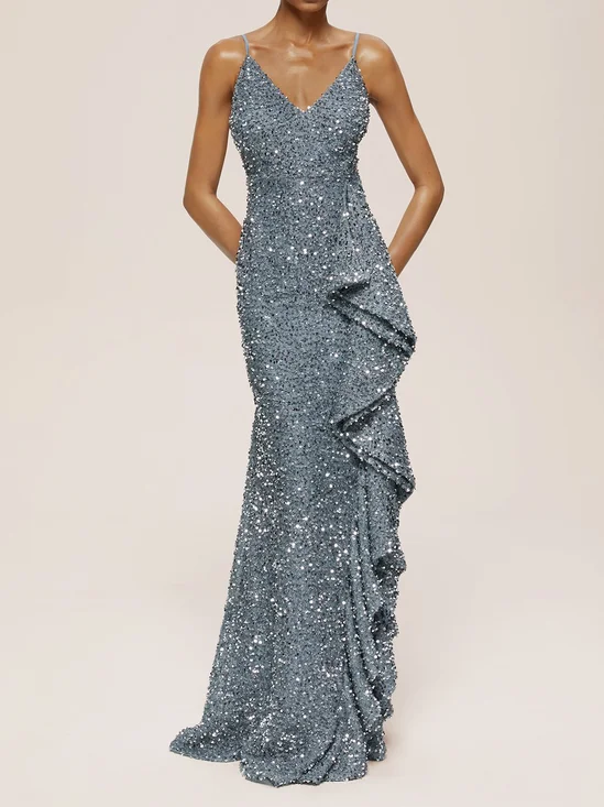 Silver Sequin Ruffled Spaghetti Sleeveless A-Line Gown