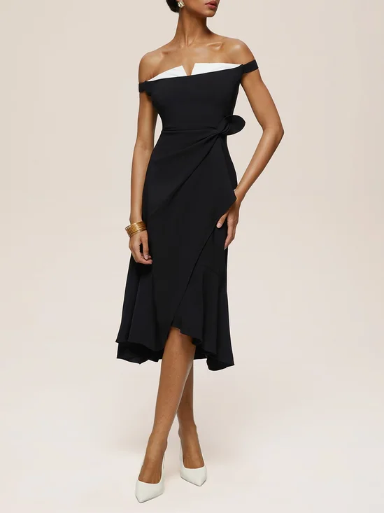 Black Off The Shoulder Sleeveless A-Line Midi Dress