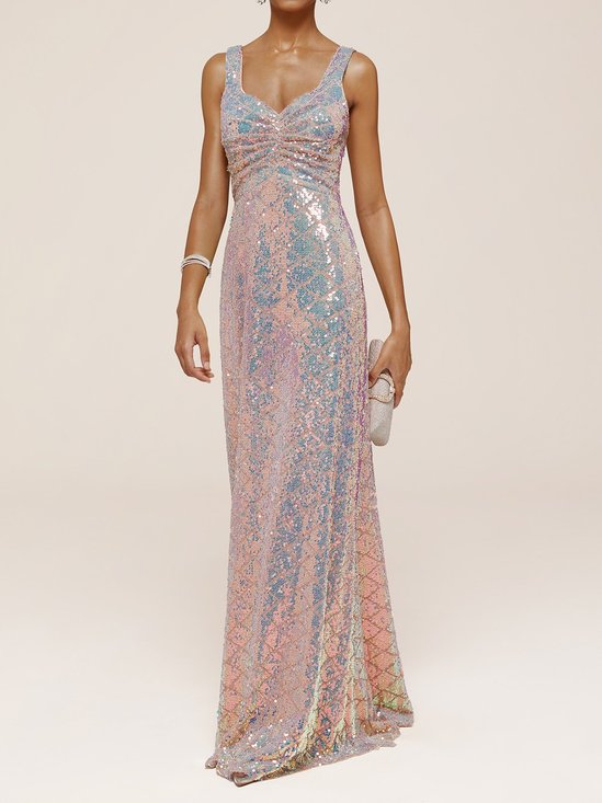 Pink Sequin Heart Neck Sleeveless Slit A-Line Gown