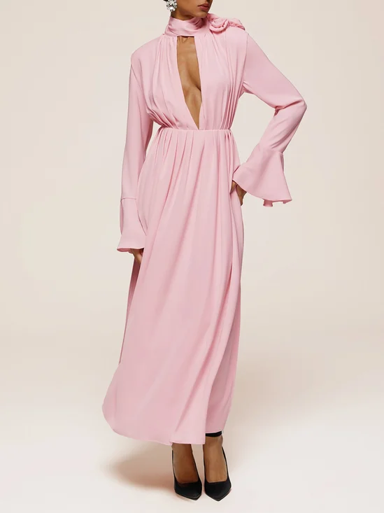 Pink 3D Floral Deep V Neck Long Bell Sleeve Slit A-Line Maxi Dress