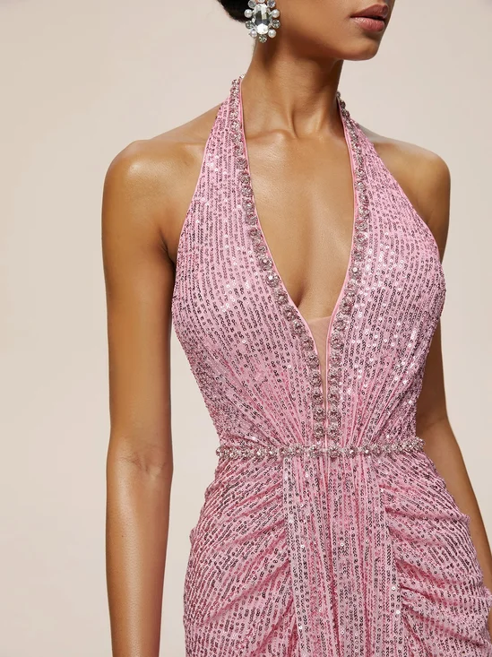 Pink Sequin Rhinestone Halter Sleeveless Sheath Maxi Dress