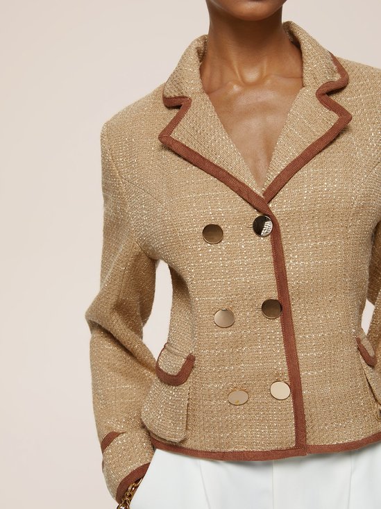 Women Buckle Plain Lapel Collar Tweed Jacket