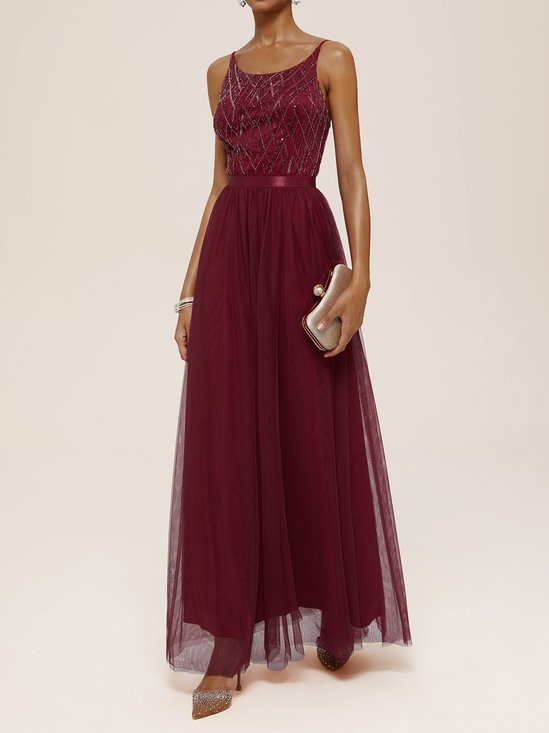 Red Spaghetti Gallus Sequin Chiffon A-Line Maxi Dress