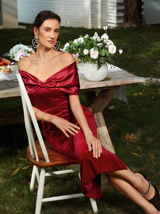 Wine Red Off The Shoulder Sheath Maxi Velvet Dress