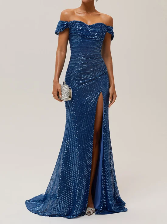 Blue Ruched Slit Sequin Off The Shoulder Short Sleeve Sheath Gown