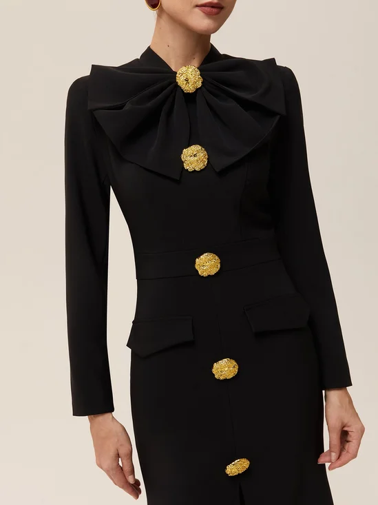 Black Buckle Bow Long Sleeve Sheath Midi Dress