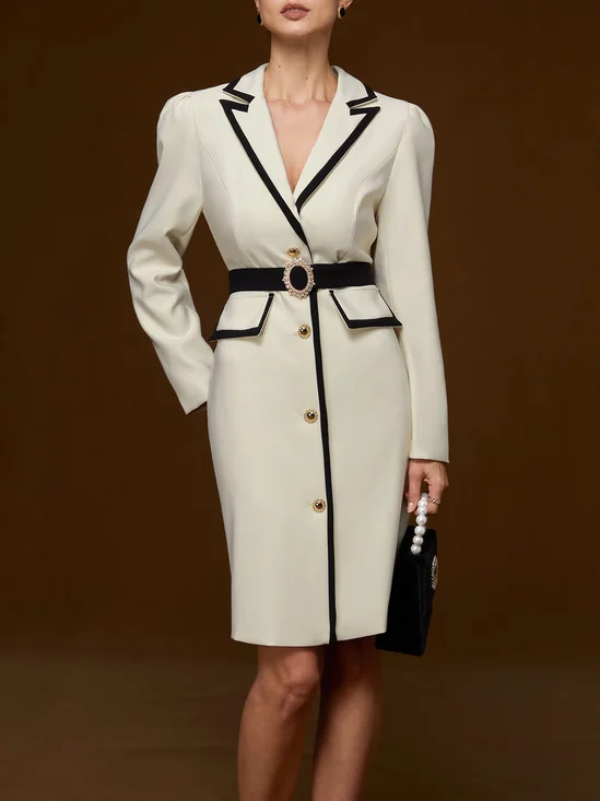 Off White Piping Lapel Collar Sheath Midi Blazer Dress