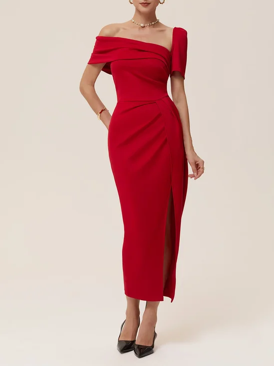 Red Slit Ruched Classic Asymmetrical Short Sleeve Sheath Midi Dress