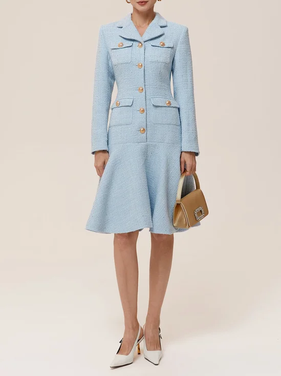 Light Blue Lapel Collar A-Line Midi Tweed Blazer  Dress