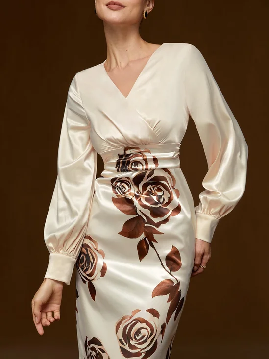 Apricot Floral Balloon Sleeve Sheath Maxi Satin Dress