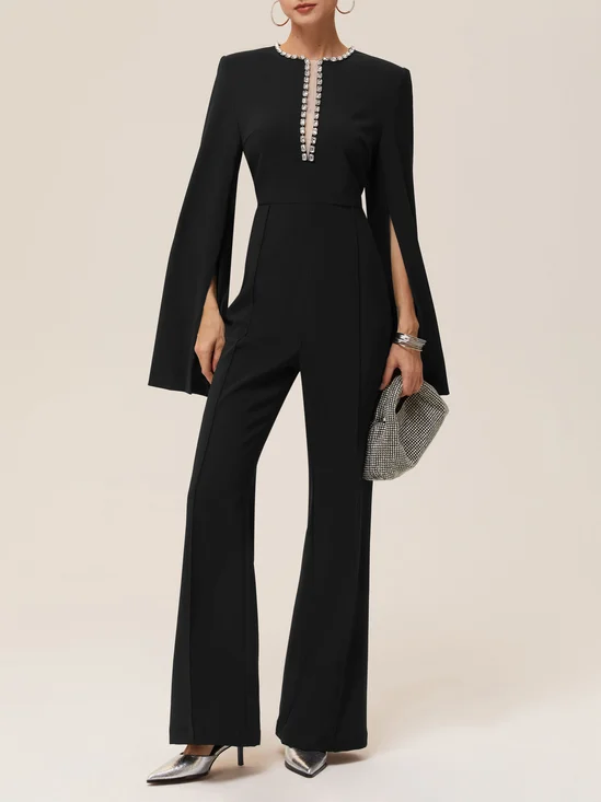 Women Black Rhinestone Split Bell Sleeve Jumpsuit