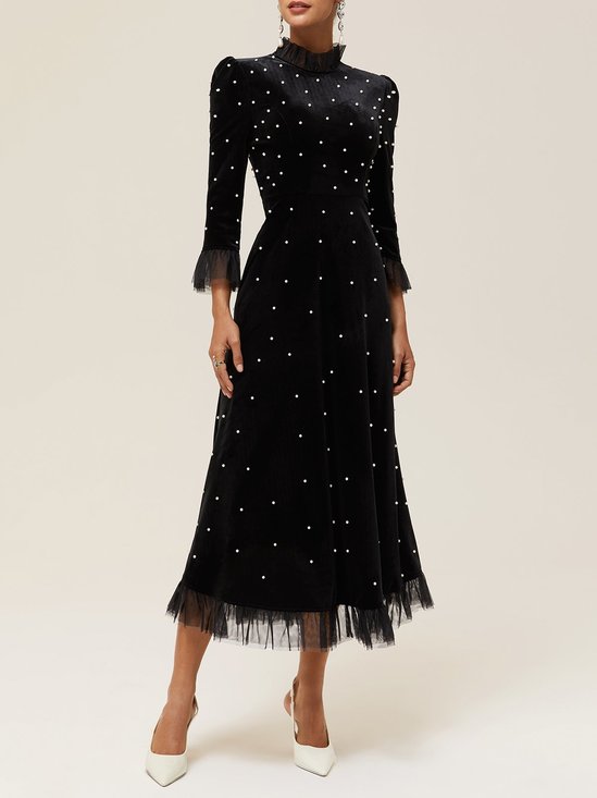 Black Beaded Mock Neck Three Quarter Sleeve A-Line Midi Velvet Dress