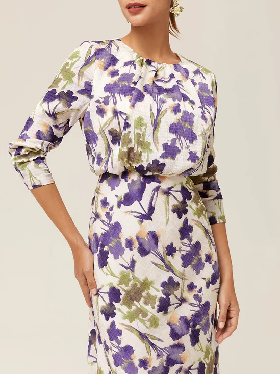 Purple Classic Crew Neck Long Sleeve A-Line Midi Dress