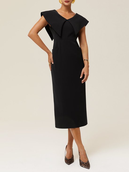 Black Shawl Collar Midi Sheath Dress 