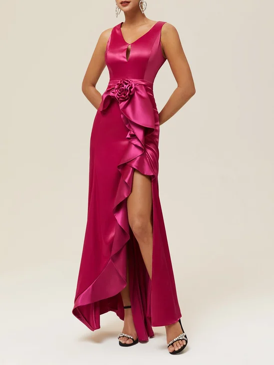 Rose Red Ruched 3D Floral A-Line Gown Satin Dress