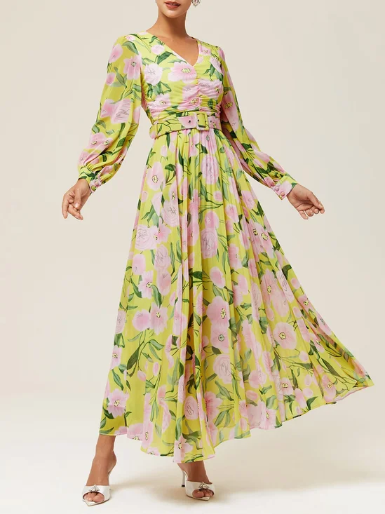 Yellow Floral Pleated Chiffon V Neck Long Sleeve Balloon Sleeve A-Line Maxi Dress