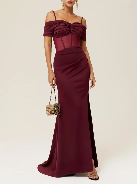 Wine Red Mesh Ruched Classic Off The Shoulder Short Sleeve Sheath Gown Dress