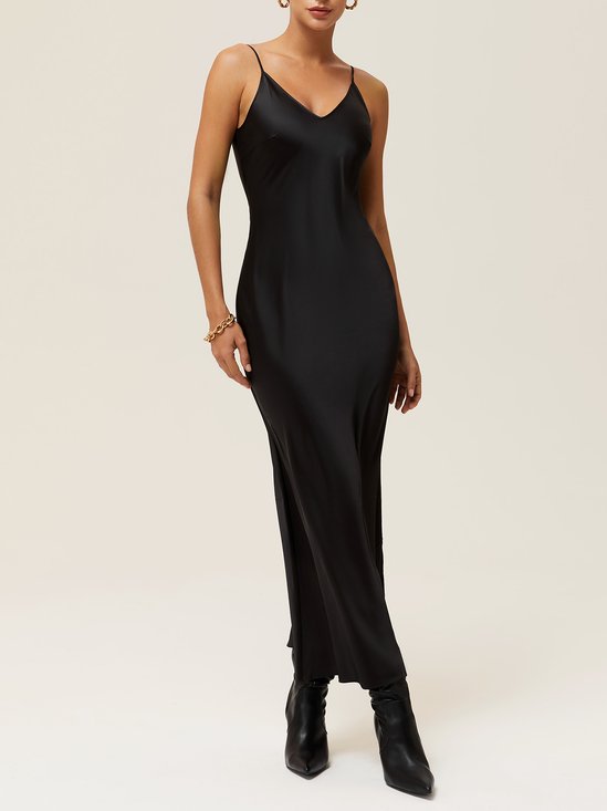 Black Satin Spaghetti Gallus Sheath Midi Dress