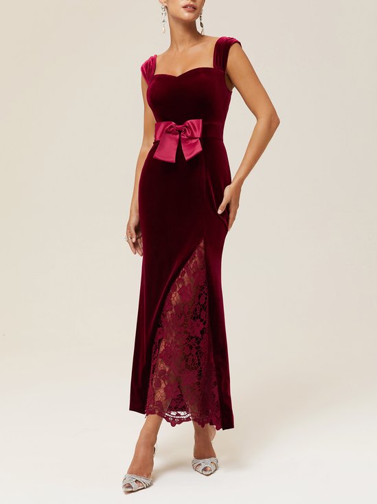 Wine Red Lace Bow Sleeveless Mermaid Maxi Velvet Dress