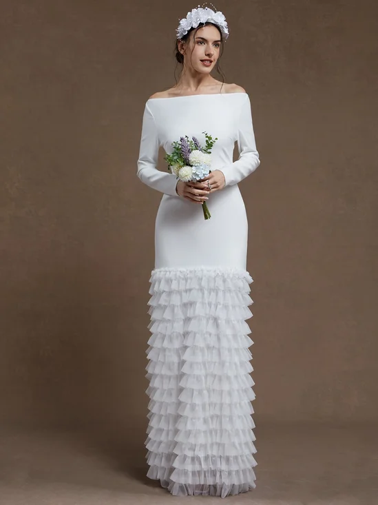 Off White Ruched Classic Off The Shoulder Long Sleeve Mermaid Gown