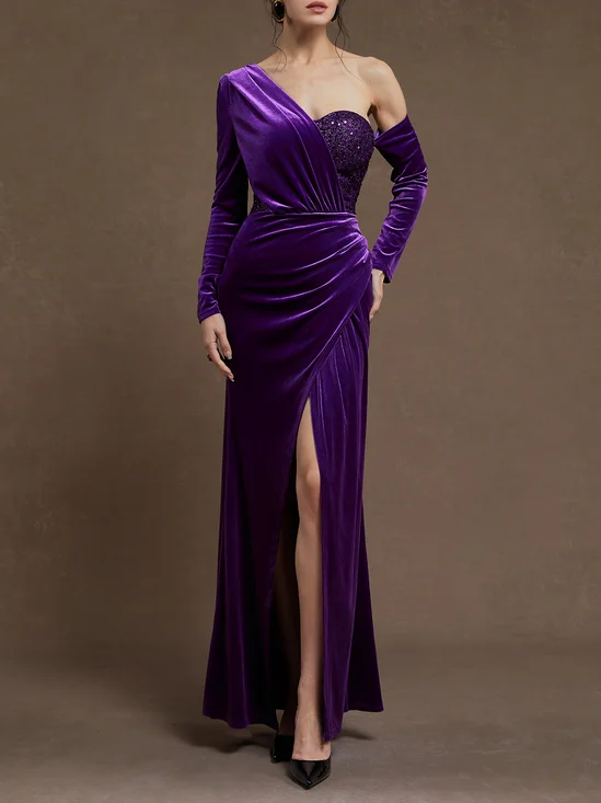 Purple Glitter Ruched Velvet One Shoulder Long Sleeve Sheath Maxi Dress