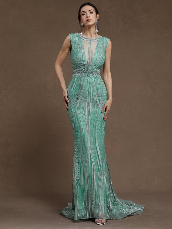 Green Rhinestone Ruched Wedding Dress V Neck Sleeveless Mermaid Gown Dress