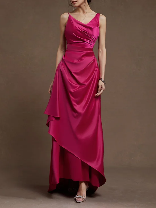 Deep Pink Ruched Satin Spaghetti Gallus Sheath Maxi Dress