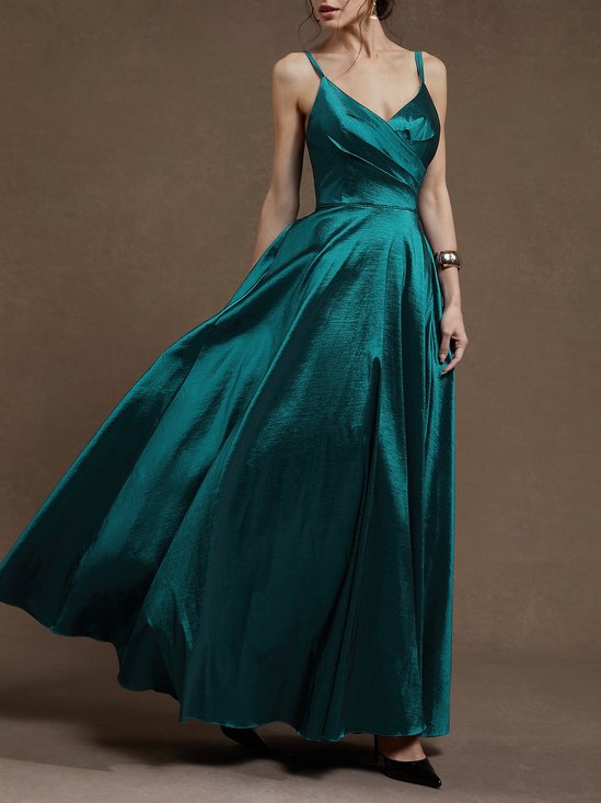 Cyan Satin Spaghetti Gallus A-Line Maxi Dress