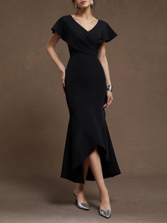 Black Ruched V Neck Short Sleeve Mermaid Maxi Dress