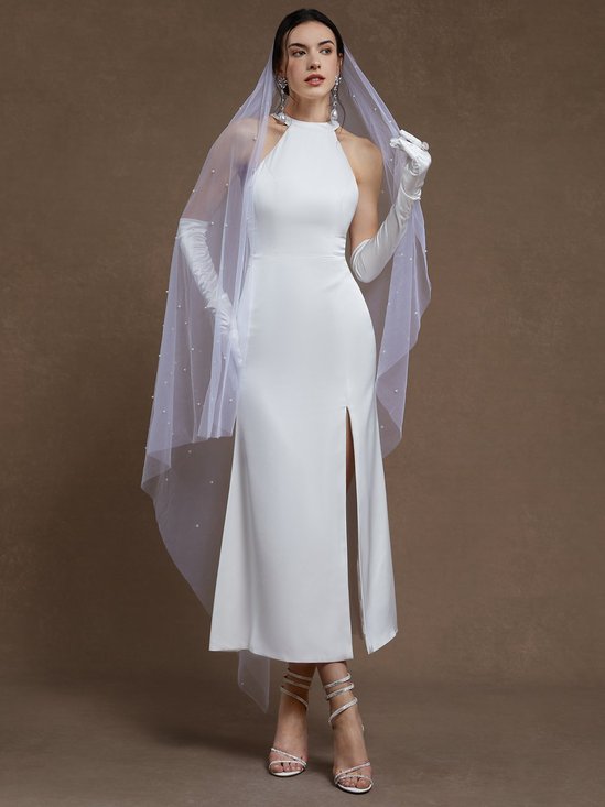 White Side-Slit Wedding Dress Crew Neck Sleeveless A-Line Maxi Dress