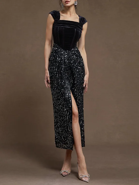 Black Sequin Ruched Square Neck Sheath Midi Velvet  Dress