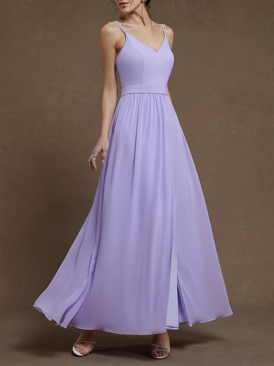 Purple Chiffon Spaghetti Gallus A-Line Gown Dress