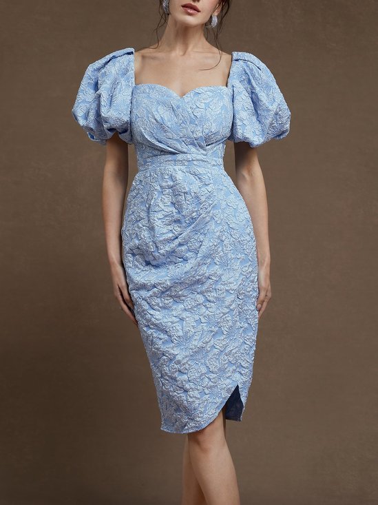 Light Blue Jacquard Sweetheart Neckline Puff Sleeve Sheath Midi Dress