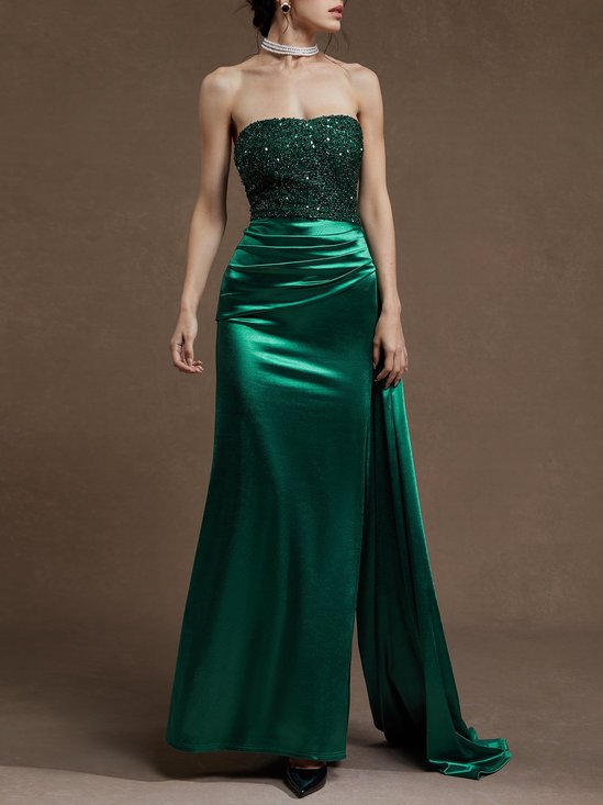 Green Glitter Ruched Velvet Strapless Sleeveless Sheath Maxi Dress